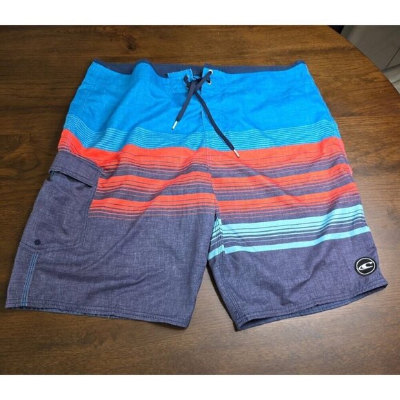 ONeill Mens Size 40 Board Shorts Blue/Red Striped Swim Trunks Polyester Adjustab - Picture 9 of 13